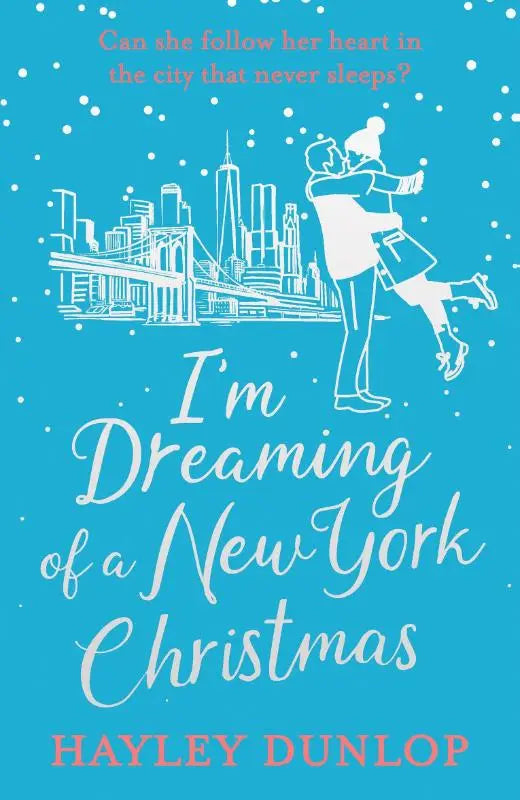 Blauw boek met witte lijntekening van koppel en besneeuwde new york skyline met titel new york christmas roman