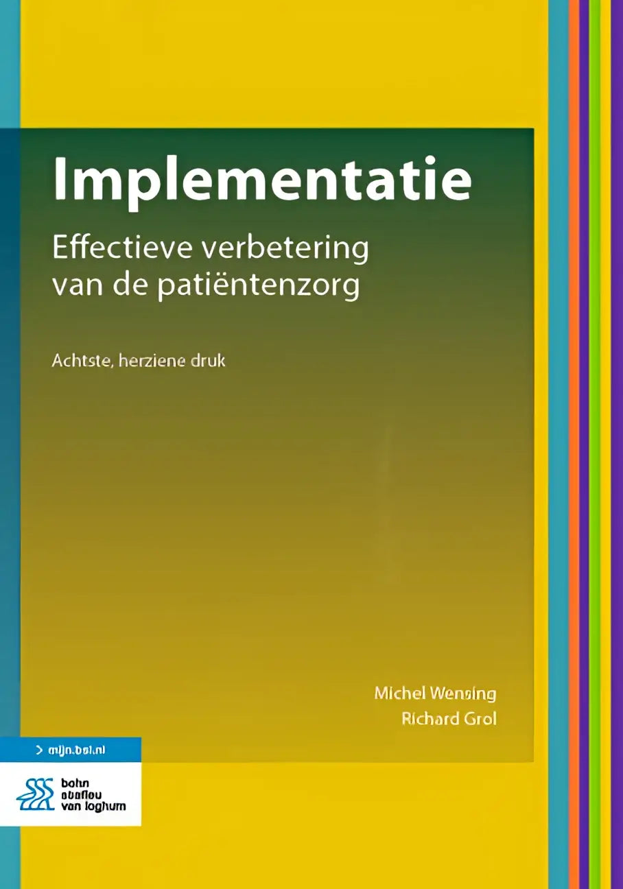 Gele boekcover van management algemeen implementatie door michel wensing en richard grol met groene gradient tekstbox van bsl media