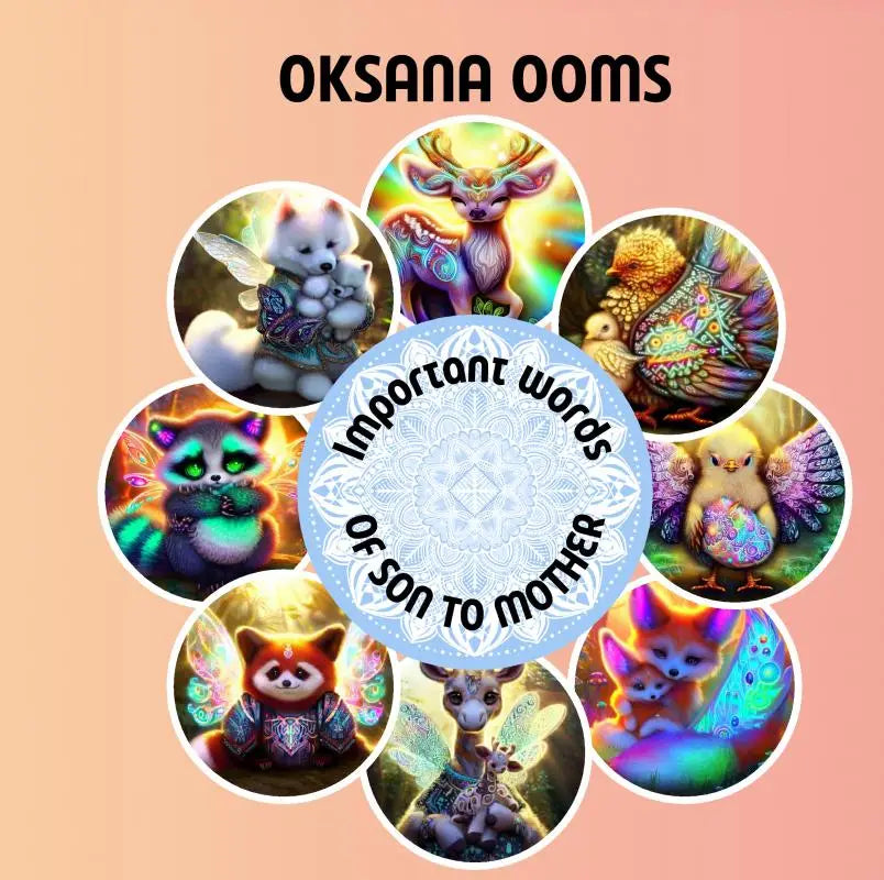 Sticker met mandaladesign en tekst belangrijke woorden van zoon aan moeder omringd door kleurrijke dieren voor jonge lezers