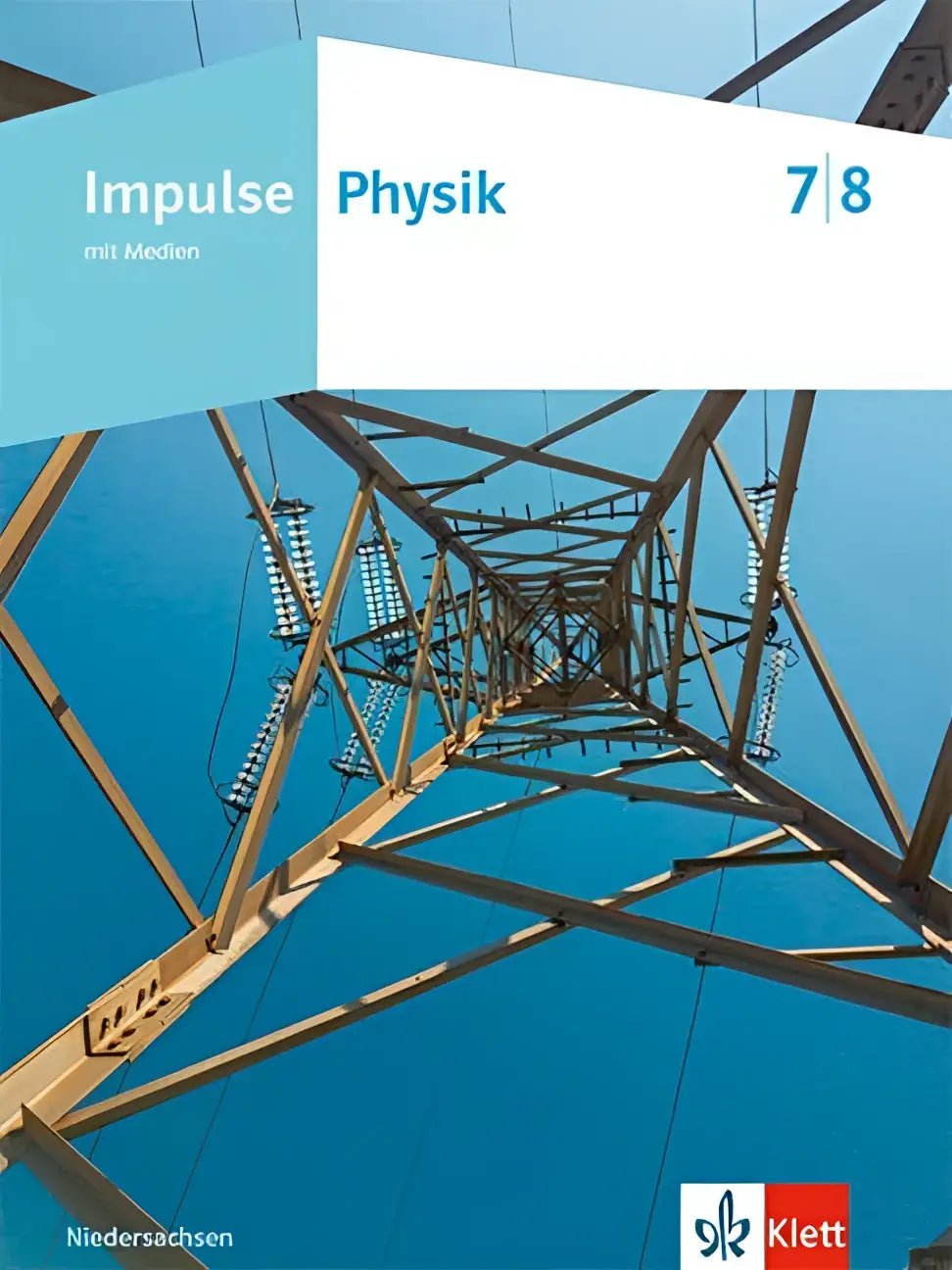 De cover van het impulse physik 7/8 schulbuch mit medien ausgabe niedersachsen toont een blauwe en witte vormgeving met een hoogspanningsmast tegen een heldere lucht