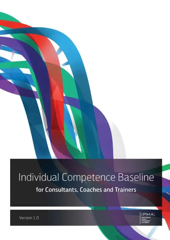 De cover van de individual competence baseline voor consultants coaches en trainers toont dynamische linten in rood blauw groen paars en teal op een witte achtergrond