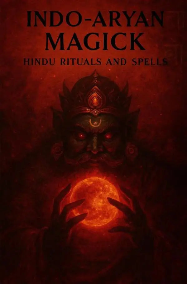 De boekcover van indo aryan magick toont een donkere, dreigende godheid met gloeiende rode ogen en een oranje-rode bol
