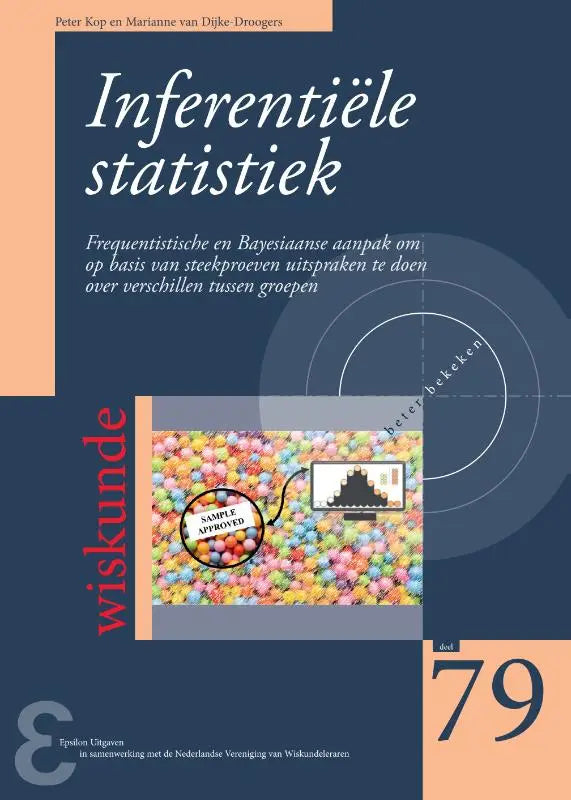 Cover van het nederlandse studieboek inferentiële statistiek door peter kop en marianne van dijke-droogers met kleurrijke ballenillustratie