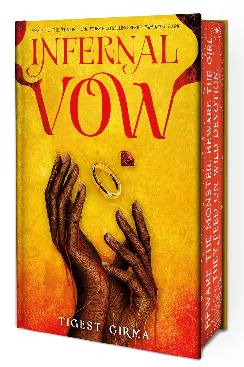Gele en rode hardcover van infernal vow deluxe limited edition door tigist girma met handen die naar gouden ring reiken