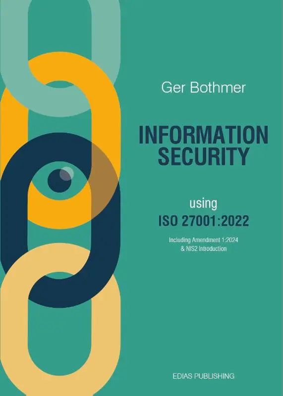 Cover van informatiebeveiliging met teal en gele abstracte kettingschakel en gestileerd oog voor security using iso 27001 2022