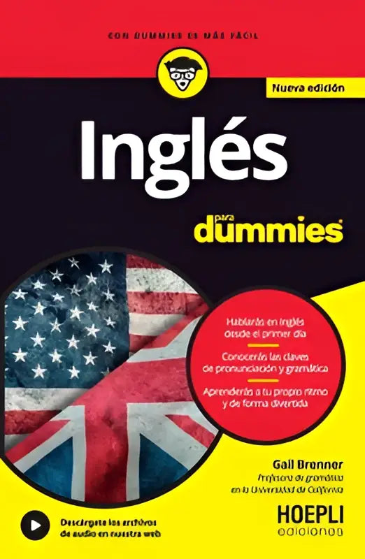 Een levendig geel en rood engels para dummies boek met een amerikaans vlagontwerp op de omslag
