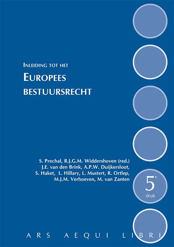 Blauw hardcover boek inleiding tot het europees bestuursrecht met witte tekst en vijf cirkelvormige elementen rechts