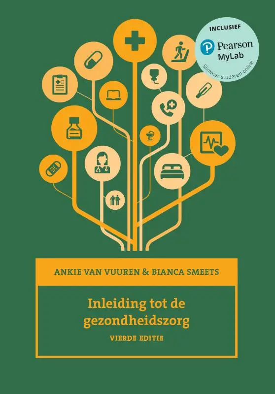 Groen boek van inleiding tot de gezondheidszorg met gele boom en medische iconen door ankie van vuuren en bianca smeets