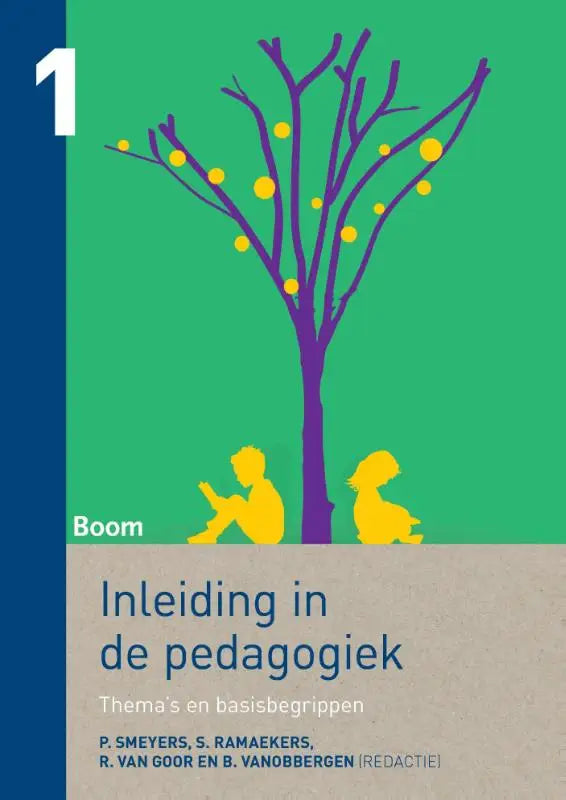 De boekcover van inleiding in de pedagogiek toont een gestileerde paarse boom met gele vruchten en twee gele silhouetten bij koninklijke boom uitgevers