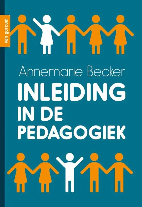 Teal hardcover boek inleiding in de pedagogiek door annemarie becker met witte en oranje stickfiguren over sociale pedagogie