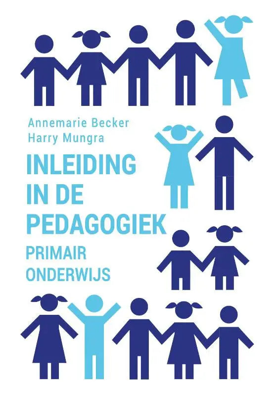 Blauwe en lichtblauwe gestileerde figuren van kinderen die hand in hand staan op witte achtergrond voor primair onderwijs binnen pedagogiek van annemarie becker