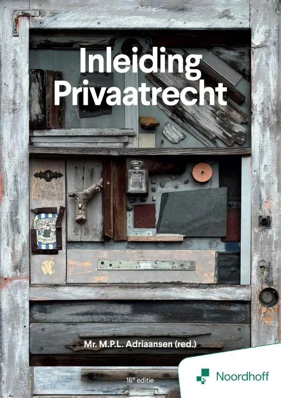 Inleiding privaatrecht boek met rustieke collage van verweerde houten planken en vintage objecten op omslag