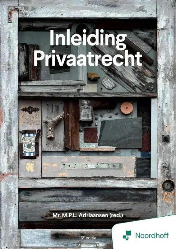Inleiding privaatrecht boek met rustieke collage van verweerde houten planken en vintage objecten op omslag