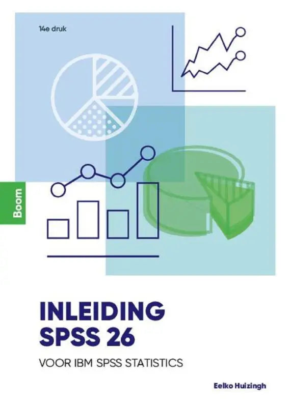 Blauw groene geïllustreerde omslag van inleiding spss 26 van eelko huizingh voor hoger onderwijs gebruik