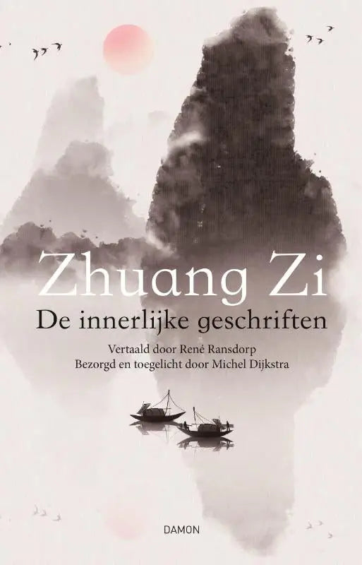 De minimalistische boekcover van innerlijke geschriften toont mistige bergen, twee boten en een roze zon, uitgeverij damon vof