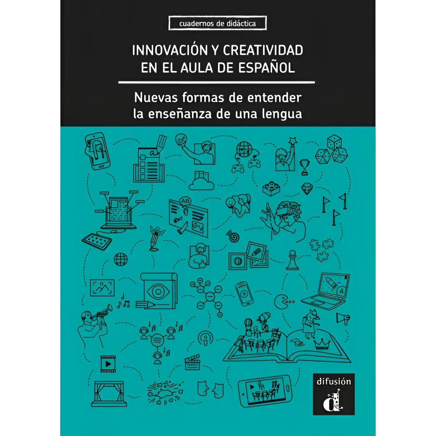 Tealkleurig educatief werkboek innovatie en creativiteit in het aula de español door francisco herrera met neus sans lettertype