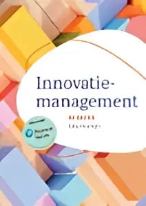 De boekcover van innovatie management door eelko huizingh toont geometrische vormen in geel en blauw voor bedrijfskunde hoger onderwijs