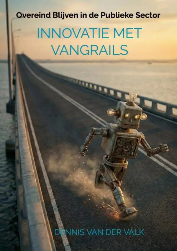 Een metalen vintage robot met gloeiende gele ogen en zichtbare tandwielen rent over een lange brug in de publieke sector