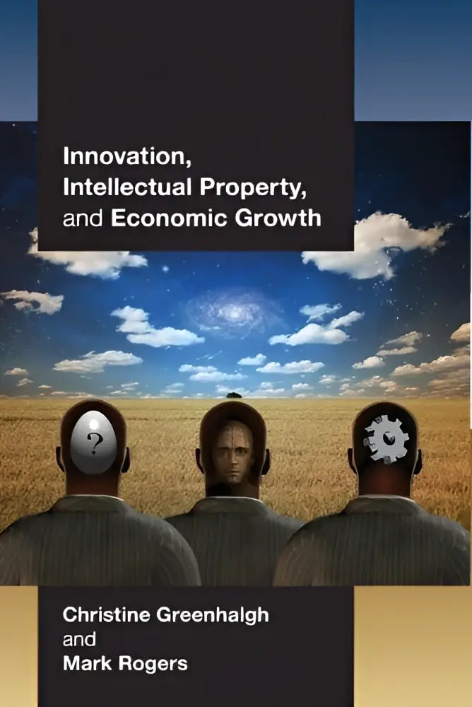 De boekcover van innovation toont drie silhouetten in een gouden veld met symbolen over intellectueel eigendom en economische groei