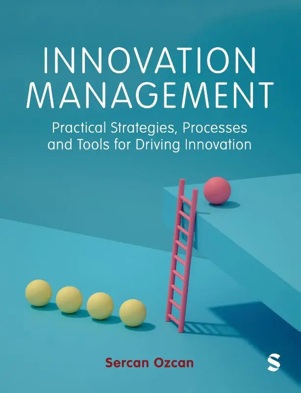De boekcover van innovation management toont een minimalistisch ontwerp met gele en roze bollen en een kleine ladder