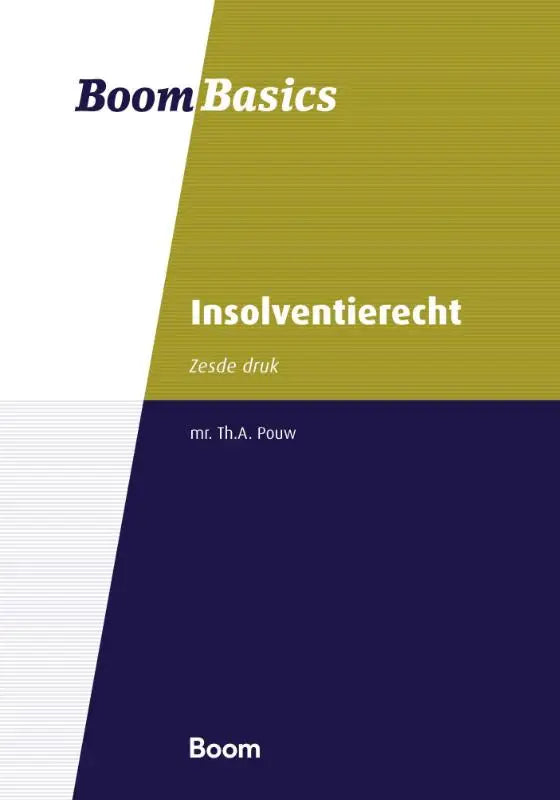 De boekomslag van insolventierecht van koninklijke boom uitgevers toont een minimalistisch ontwerp met wit, olijfgroen en marineblauw