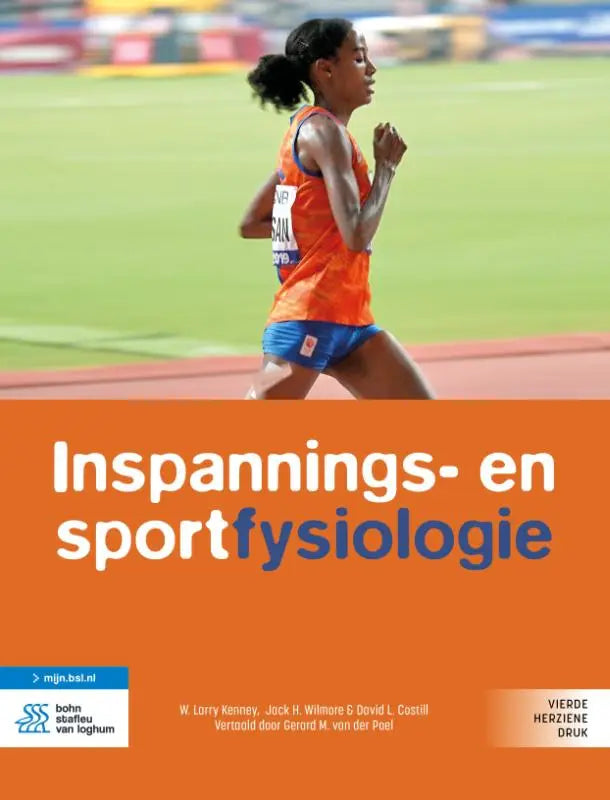 De cover van het boek inspannings- en sportfysiologie toont een atletische vrouw in oranje top en blauwe short voor geneeskunde algemeen