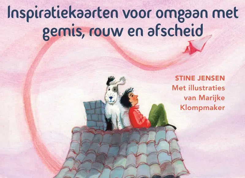 Een zachte roze en witte illustratie van inspiratiekaarten voor omgaan met gemis met kind en hond op dak