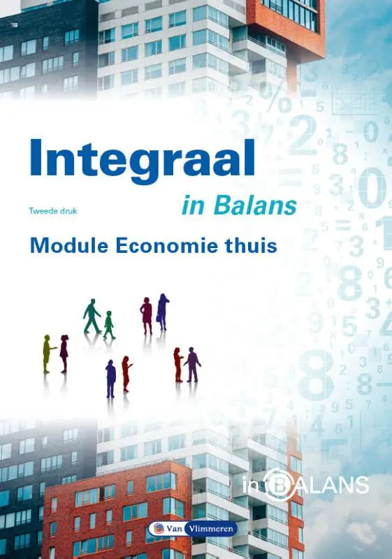Blauwe en witte boekomslag integraal in balans met kleurrijke mensen en moderne gebouwen voor economie thuis