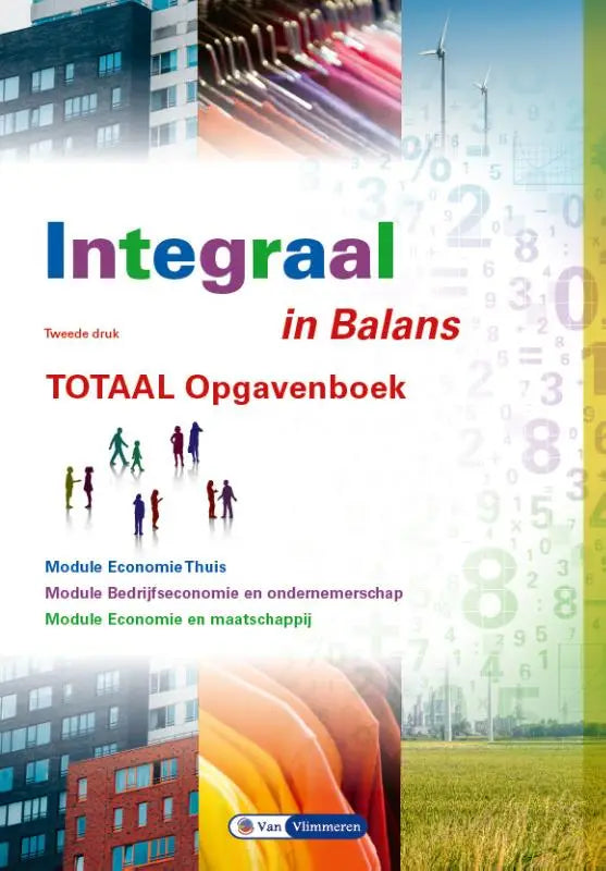 Cover van integraal in balans totaal opgavenboek met kleurrijke titel en afbeeldingen van gebouwen windmolens kledingrekken en cijfers