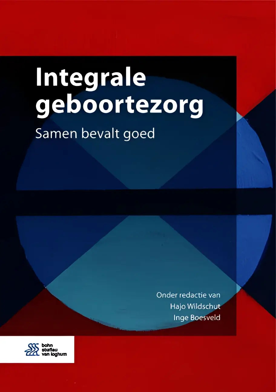 De integrale geboortezorg boekcover van bsl media toont diepe blauwe en zwarte geometrische vormen op rode achtergrond