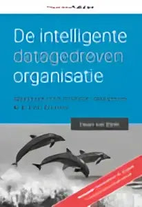 Blauwe banner voor datagedreven organisatie met witte tekst en drie zwarte dolfijnsilhouetten van passionned publishers
