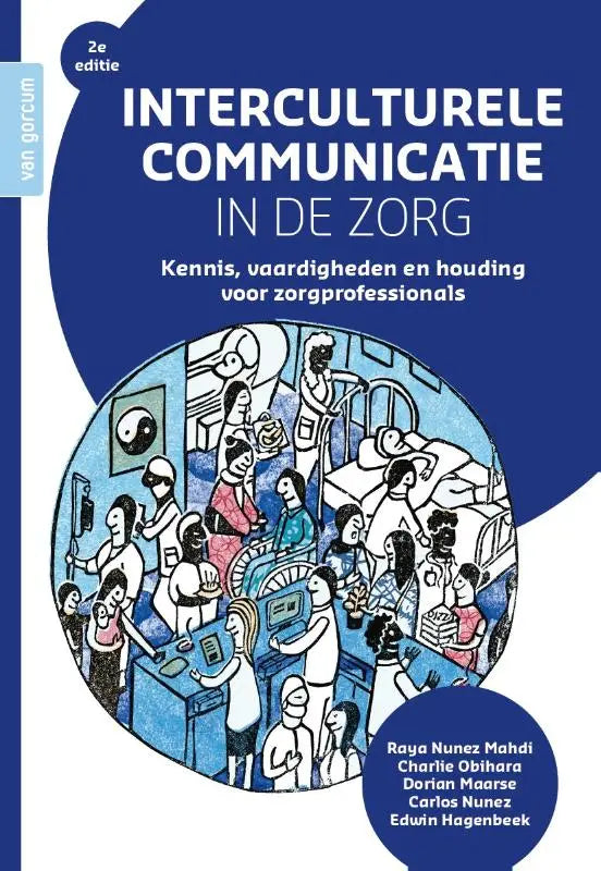 Blauw-witte geïllustreerde boekcover van interculturele communicatie in de zorg door van gorcum voor zorgprofessionals