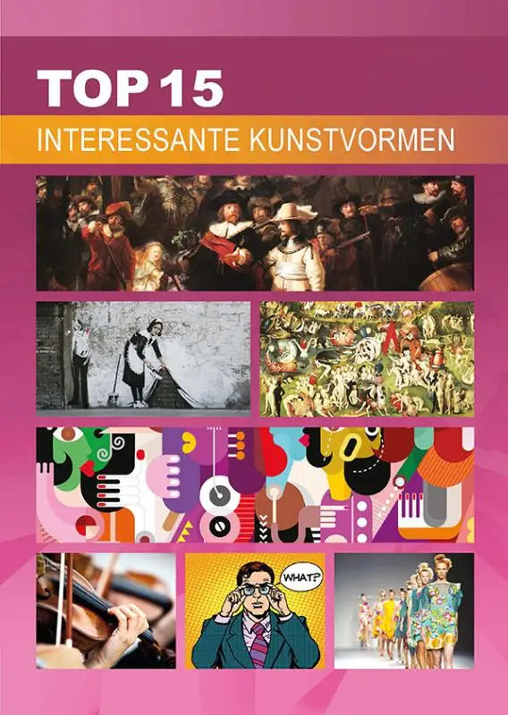 De levendige roze paarse cover van interessante kunstvormen toont top 15 interessante kunstvormen met zes kunstillustraties