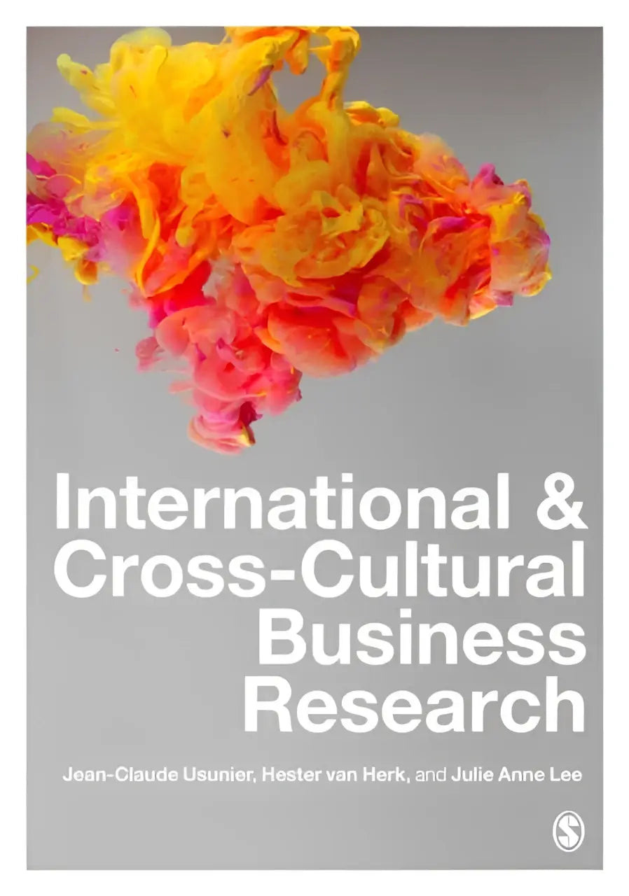 De boekcover van international and cross-cultural business research toont een kleurrijke wervelende gele en roze inktwolk op een grijze achtergrond