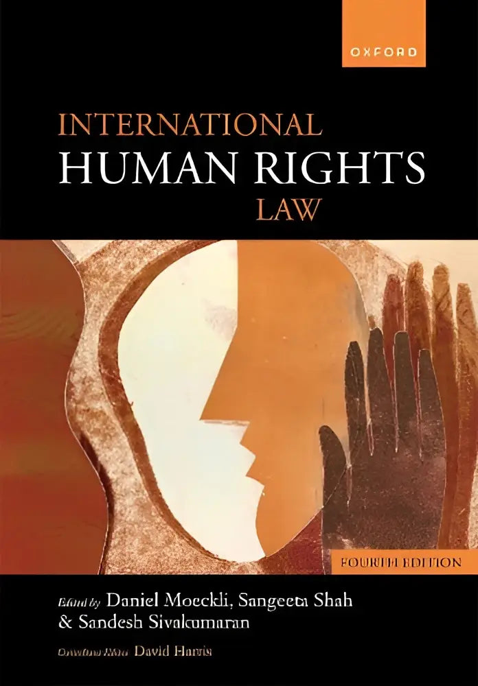 Het boek international human rights law heeft een omslag met abstracte illustraties in warme aardetinten over human rights law
