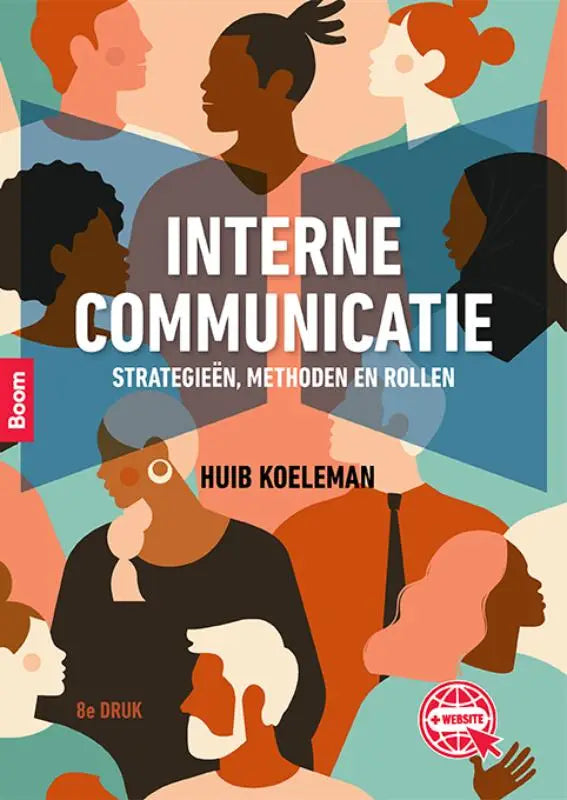 De boekcover van interne communicatie van huib koeleman toont een levendige illustratie van diverse mensen in warme tinten, uitgegeven door koninklijke boom uitgevers