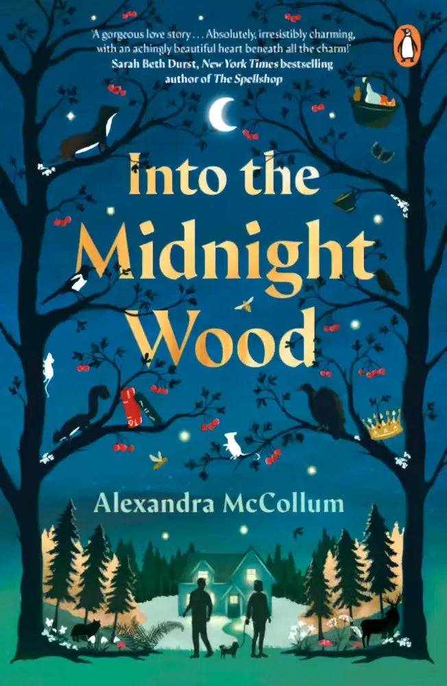De boekcover van into the midnight wood door alexandra mccullum toont een donkerblauwe nacht met silhouetten van bomen en dieren