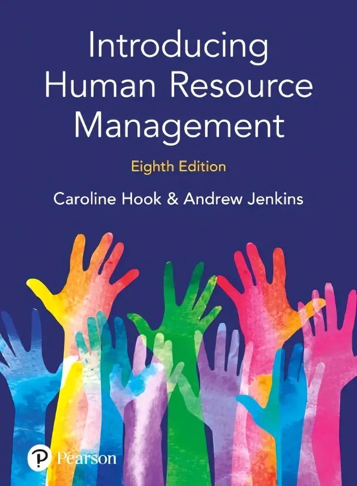 De boekcover van introducing human resource management toont kleurrijke gestileerde handen tegen een diepe blauwe achtergrond