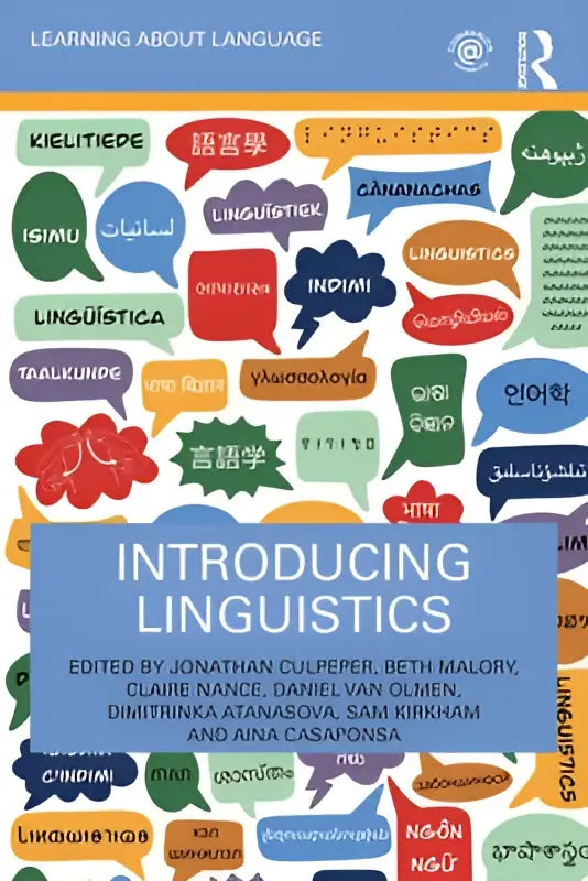 De boekomslag van introducing linguistics toont een kleurrijk ontwerp met meertalige spraakballonnen rond de titel