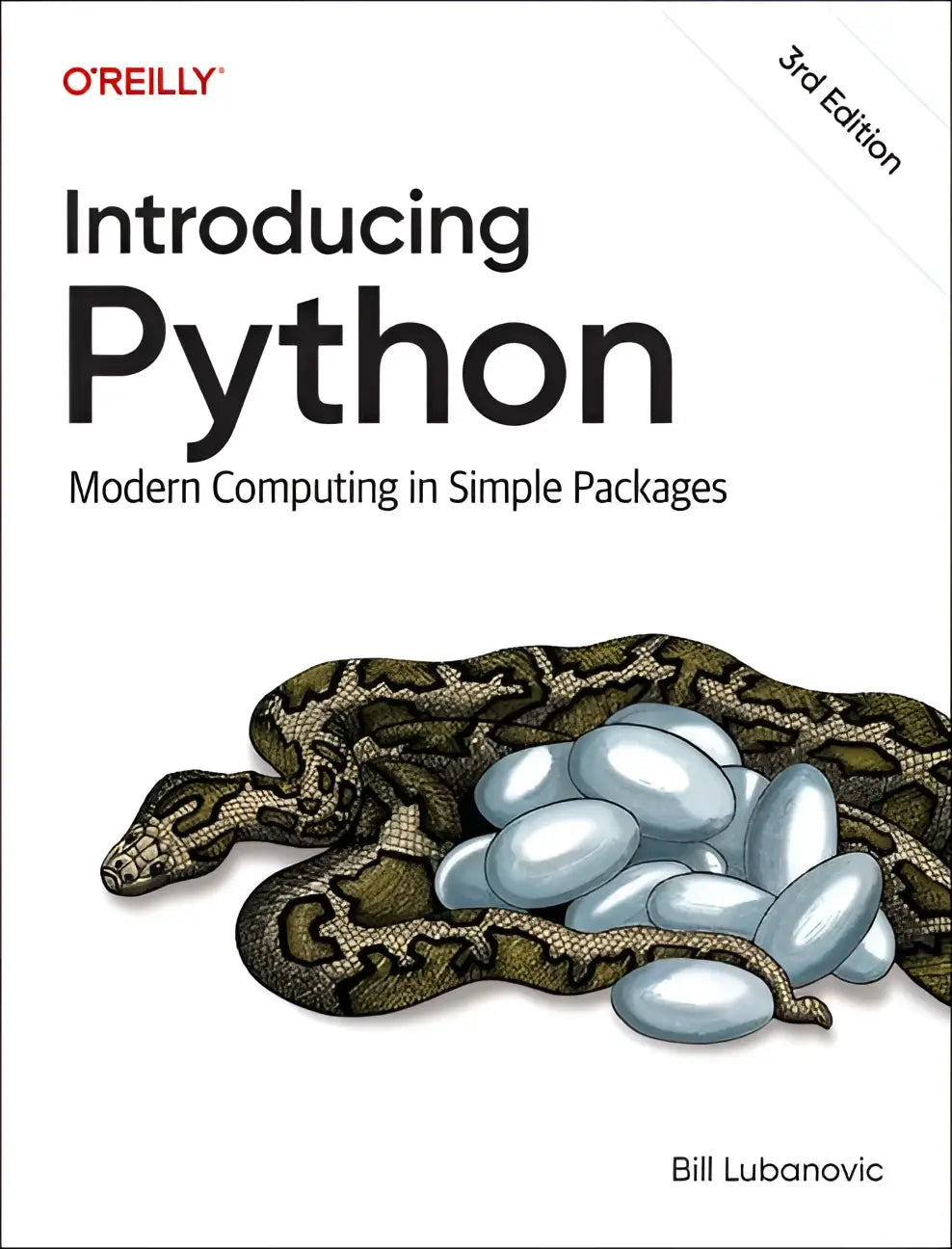 De updated third edition van introducing python door bill lubanovic toont een groene en bruine slang om lichtblauwe eieren