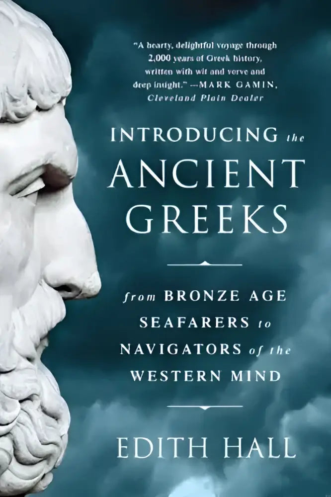 De boekomslag toont een witte marmeren buste van een oude Griek met gedetailleerd gezichtshaar voor introducing the ancient greeks