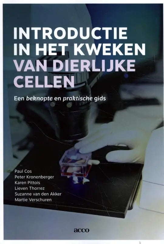 Boekcover introcutie in het kweken van dierlijke cellen met witte tekst op donkere achtergrond door Karen Vittois en Lieven Thorrez