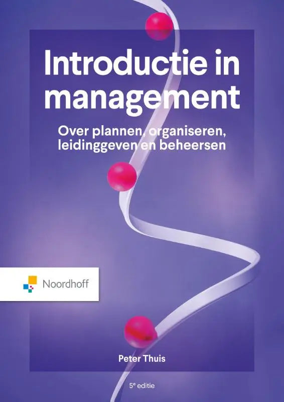 Paars boek over introductie in management met witte tekst en zilveren lint met rode bollen op de omslag