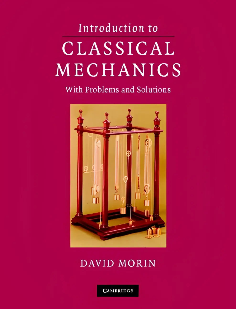 De voorkant van het boek introduction to classical mechanics toont een houten mechanica-apparaat met messing pendules tegen magenta