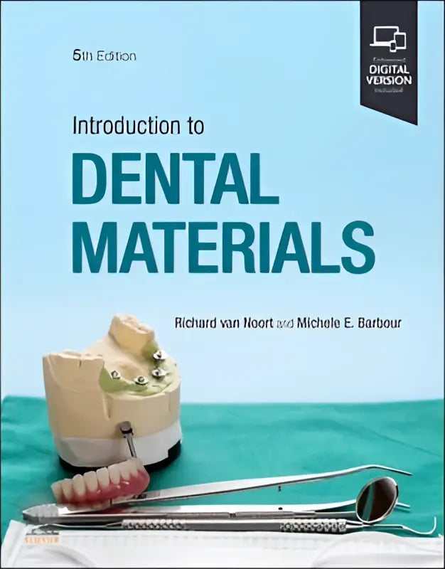 The 5th edition introduction to dental materials textbook explains dental materials with a light blue cover and dental models
