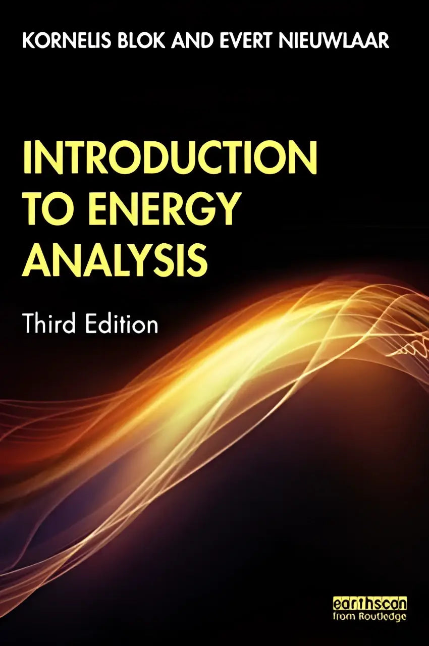 Black book cover introduction to energy analysis by kornelis blok and evert nieuwlaar with gold and orange energy waves