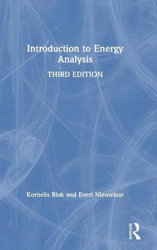 Blauw boek met witte tekst en abstract lijnontwerp voor introductie tot energy analysis en energy systems