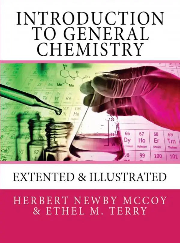 De cover van het boek introduction to general chemistry toont een kleurrijke afbeelding van laboratoriumglaswerk en het periodiek systeem