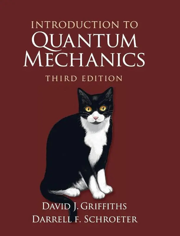 Illustratie van een zwart-witte kat op een wijnrode boekomslag voor een introductie tot quantummechanica boek