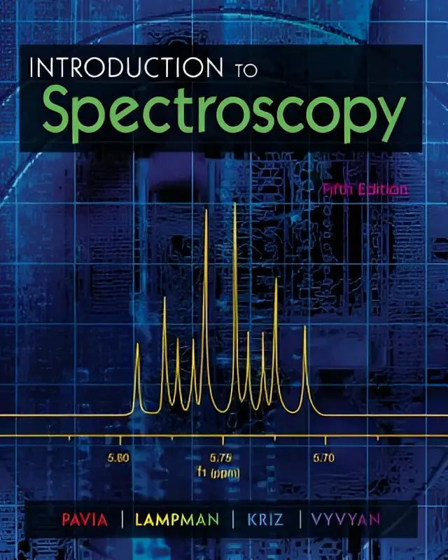 De boekcover van introduction to spectroscopy vijfde editie toont een donkerblauwe achtergrond met gele spectraallijnen en groene tekst